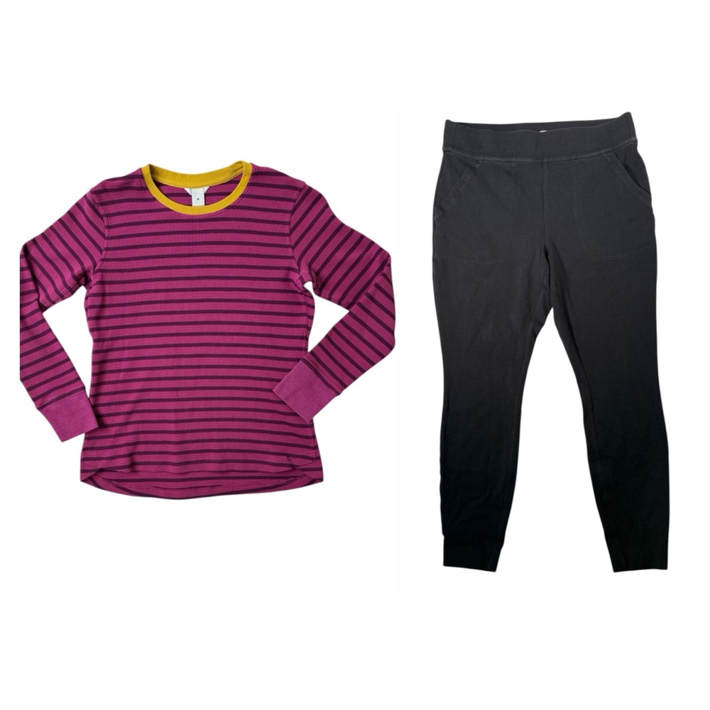Duluth Trading Co Womens Thermal Set Waffle Knit Striped Top & Black Leggings M